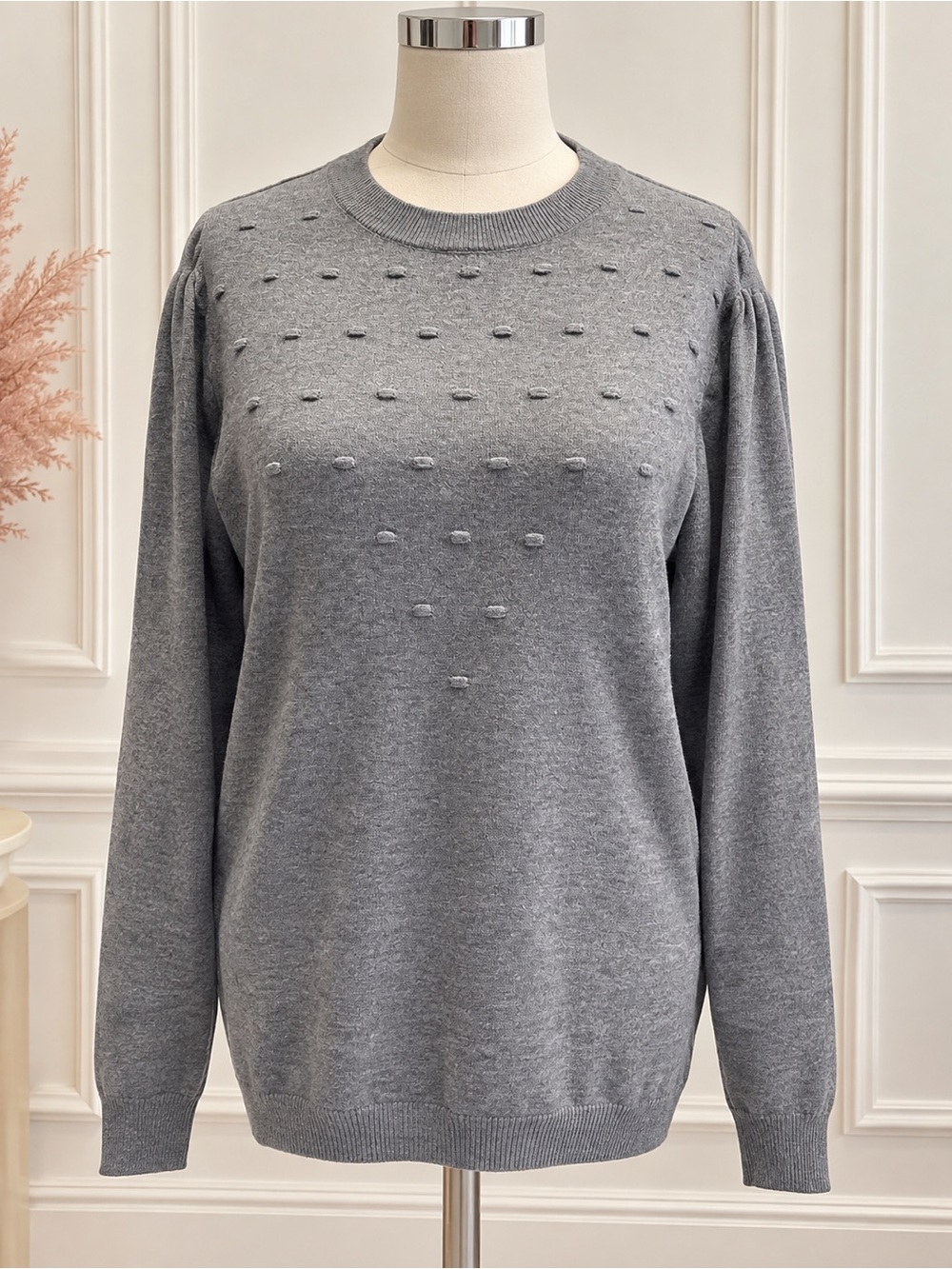Heather Grey Crewneck Sweater with Raised Dot Detail